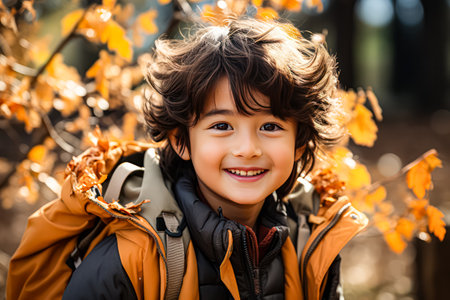 Autumn charm. A portrait of a cheerful Asian schoolboy wearing a vibrant red jacket, capturing the essence of youthful energy against a fall backdrop.の素材