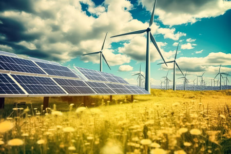 Solar panels and wind turbine illustrating green planet and renewable energy. Standard visual concept capturing the harmony of sustainable power sources.の素材