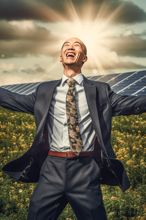 Energetic portrait of a joyful businessman jumping with excitement against the backdrop of solar panels. Standard image blending success and sustainable energy.の素材