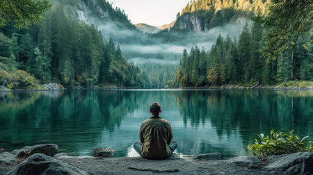 Serene moment captured, a man standing by a mountain lake, gazing at the sun rising over distant hills and clouds. Standard image of peaceful contemplation in nature.の素材