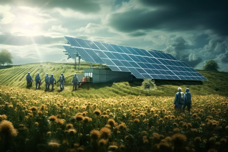Engineer in helmet reviewing documents on a solar power plant construction site, seeking guidance from working governance. Standard illustration concept.の素材