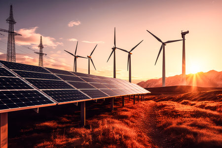 Solar panels and wind turbines in a grassy field with sunlight standard illustration capturing the concept of renewable energy.の素材