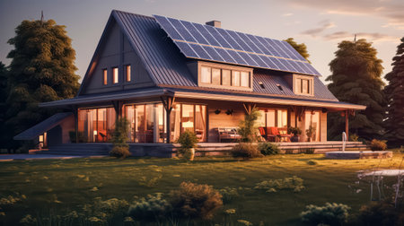 Close up of solar panels on a home's roof, matching the beautiful blue color of the sky. View from the attic level, street, and trees visible on the ground.の素材