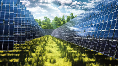 Photovoltaic solar power panel against a sky background green clean alternative power energy concept. Standard illustration for sustainable energy.の素材