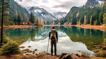 Serene moment captured, a man standing by a mountain lake, gazing at the sun rising over distant hills and clouds. Standard image of peaceful contemplation in nature.の素材
