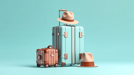 Travel dreams. A blue suitcase stands against a soothing blue backdrop a perfect representation of the summer concept and wanderlust. Get ready to explore!の素材