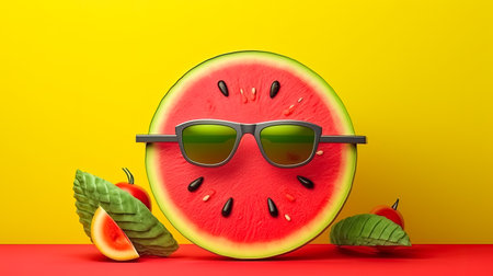 Summery delight captured in vibrant hues slices of juicy watermelon adorning glasses on a cheerful yellow background, evoking the essence of the sunny season.の素材