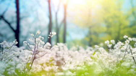 Glistening in the summer sun, delicate white flowers adorn a meadow, bathed in the warm embrace of sun rays, creating a serene and picturesque scene.の素材