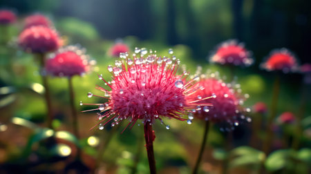 Summer blooms adorned with glistening raindrops, capturing the essence of nature's beauty after a refreshing rain shower. Vibrant floral close up.の素材