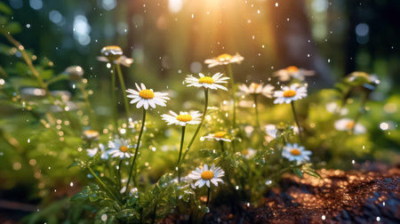 Elegant wild daisies grace the meadow, their white petals contrasting with the lush green grass. A picturesque scene embodying the essence of nature and gardening.の素材