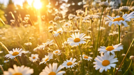 Elegant wild daisies grace the meadow, their white petals contrasting with the lush green grass. A picturesque scene embodying the essence of nature and gardening.の素材