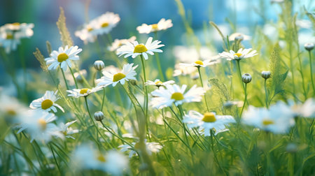 Daisies bloom in a sun drenched spring meadow. Bokeh lights add sparkle to blurred backgrounds, creating a dreamy and enchanting atmosphere.の素材