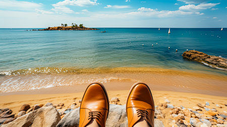 Stylish mens shoes elegantly placed against the backdrop of a sandy beach and the vast ocean, embodying the essence of summer fashion and leisure.の素材