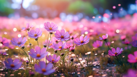 Vibrant cosmos flowers bloom gracefully in the garden, showing their beauty and adding a burst of color to natures canvas. Summer joy captured in petals.の素材