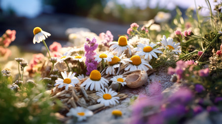 Daisies bloom in a sun drenched spring meadow. Bokeh lights add sparkle to blurred backgrounds, creating a dreamy and enchanting atmosphere.の素材