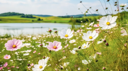 A stunning summer landscape unfolds as yellow and white daisies, clovers, and dandelions grace the grass against the backdrop of the morning dawn. Ultra wide panoramic view, perfect for banners.の素材