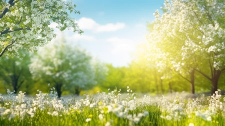 Glistening in the summer sun, delicate white flowers adorn a meadow, bathed in the warm embrace of sun rays, creating a serene and picturesque scene.の素材