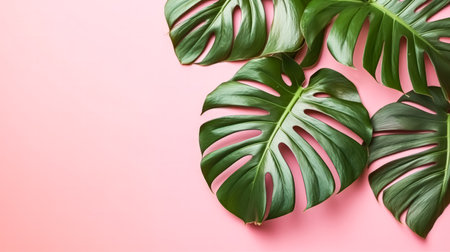 A bright and creative color scheme created from tropical leaves on a pink background, capturing the essence of summer in a bold tropical aesthetic.の素材