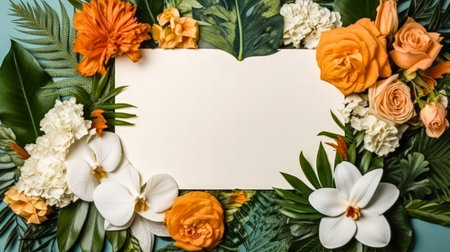 Embrace the tropical vibe with a vibrant frame of leaves and roses a perfect touch for your summer concept. Add your text and let the creativity bloomの素材