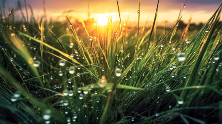 Immerse yourself in the purity of nature with this close up of lush green grass adorned with morning dew. A refreshing panorama capturing the essence of spring and summer.の素材