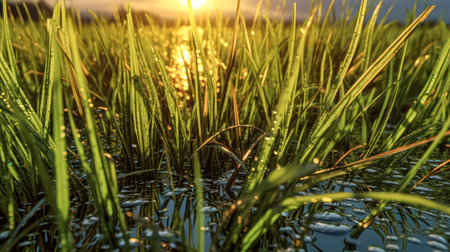 Immerse yourself in the purity of nature with this close up of lush green grass adorned with morning dew. A refreshing panorama capturing the essence of spring and summer.の素材