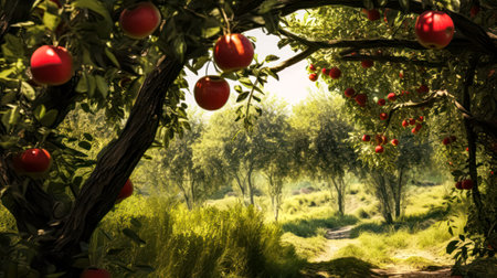 Capture the essence of a fruitful morning with a picture of ripe apples in the orchard, a beautiful scene signaling readiness for harvesting.の素材