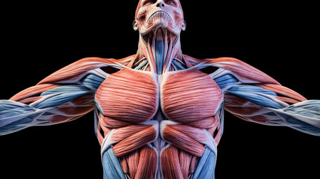 Delve into the intricacies of human anatomy with an illustration showing a standing male body, revealing the intricate details of muscle tissues on display.の素材