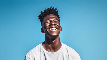 Feel the positivity as a young African man smiles against a vibrant blue background. His cheerful demeanor radiates warmth and adds a burst of joy to the scene.の素材