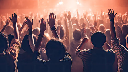 Feel the energy as people at the concert raise their hands and dance to the rhythm. The collective enthusiasm and vibrant atmosphere create a memorable scene of musical joy.の素材