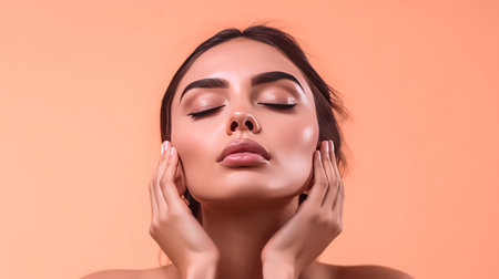 Explore beauty in every detail as a blonde woman models radiant, hydrated facial skin. Her gentle touch applies toner or cream for a healthy, post shower glow against a vibrant peach background.の素材