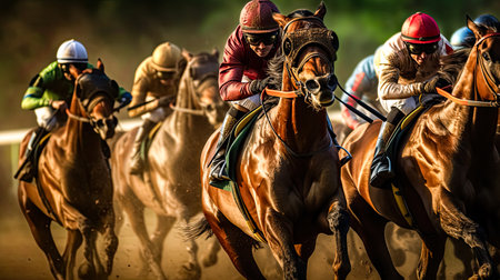 Experience the exhilaration as thoroughbred horses thunder down the racetrack, neck and neck in a fierce competition. The intensity of the race captured in a dynamic moment.の素材