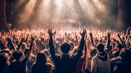Feel the energy as people at the concert raise their hands and dance to the rhythm. The collective enthusiasm and vibrant atmosphere create a memorable scene of musical joy.の素材