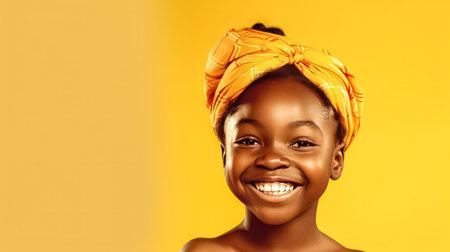 Vibrant energy radiates as a cheerful and stylish African American teen girl enjoys herself on a vivid yellow background. Her laughter and playful antics capture the joy of carefree moments, dressed in trendy, bright colored clothes.の素材