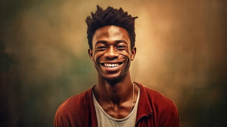 Experience the infectious joy as a young African man beams with a smile against a warm brown background. His positive energy adds vibrancy to the scene.の素材