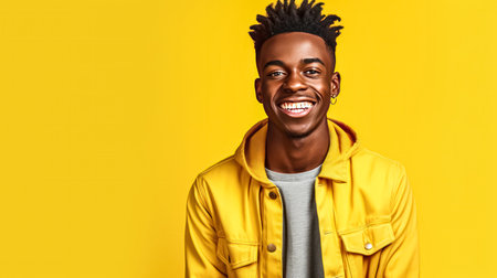 Bask in the sunshine of positivity as a young African man exudes a radiant smile against a vibrant yellow background. His joy brings warmth to the scene.の素材