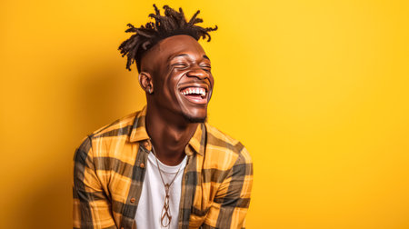 Bask in the sunshine of positivity as a young African man exudes a radiant smile against a vibrant yellow background. His joy brings warmth to the scene.の素材