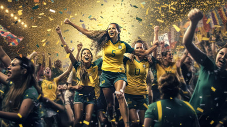 Celebrate the power of teamwork as a womens team exuberantly rejoices in victory. The collective joy and triumph radiate the spirit of successful collaboration.の素材