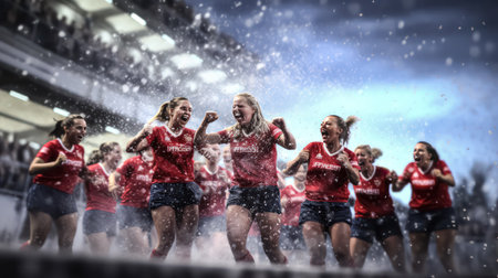 Celebrate the power of teamwork as a womens team exuberantly rejoices in victory. The collective joy and triumph radiate the spirit of successful collaboration.の素材