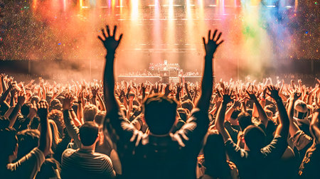 Feel the energy as people at the concert raise their hands and dance to the rhythm. The collective enthusiasm and vibrant atmosphere create a memorable scene of musical joy.の素材