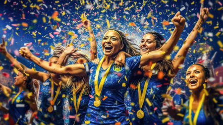 Celebrate the power of teamwork as a womens team exuberantly rejoices in victory. The collective joy and triumph radiate the spirit of successful collaboration.の素材