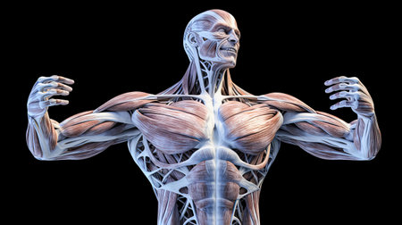 Delve into the intricacies of human anatomy with an illustration showing a standing male body, revealing the intricate details of muscle tissues on display.の素材
