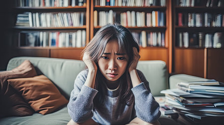 Feel the emotional depth as an Asian girl expresses sadness, clutching her head in despair. The poignant image captures the universal struggle with inner turmoil.の素材