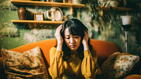 Feel the emotional depth as an Asian girl expresses sadness, clutching her head in despair. The poignant image captures the universal struggle with inner turmoil.の素材