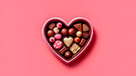 Delight your feelings with heart shaped candies in a charming box on a pink background, creating a perfect visual for the Valentines Day concept.の素材