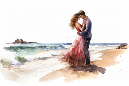 Escape to a dreamy beach setting with a watercolor illustration portraying a couple in love against the backdrop of the ocean. A romantic and serene date.の素材