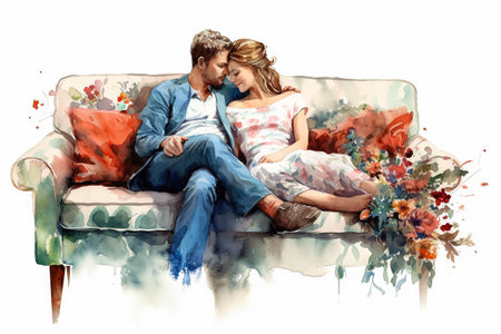 Embrace the warmth of love with a watercolor illustration of a couple in a tender hug on the sofa. The art captures the intimate essence of a romantic date.の素材
