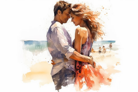 Escape to a dreamy beach setting with a watercolor illustration portraying a couple in love against the backdrop of the ocean. A romantic and serene date.の素材