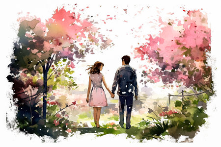 Celebrate loves journey with a watercolor illustration of a couple strolling in nature. The art beautifully captures the essence of their romantic connection.の素材