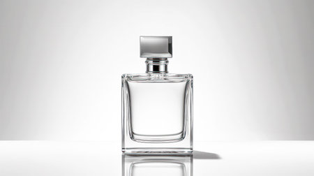 Elevate your senses with a transparent glass bottle of men's perfume on a sleek gray background, embodying the essence of musk and luxury in cosmetics.の素材