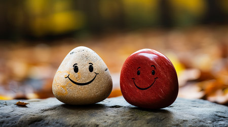 Encounter joy in simplicity with a close up of a stack of stones featuring a painted happy face against a nature background. A whimsical and Zen inspired concept.の素材